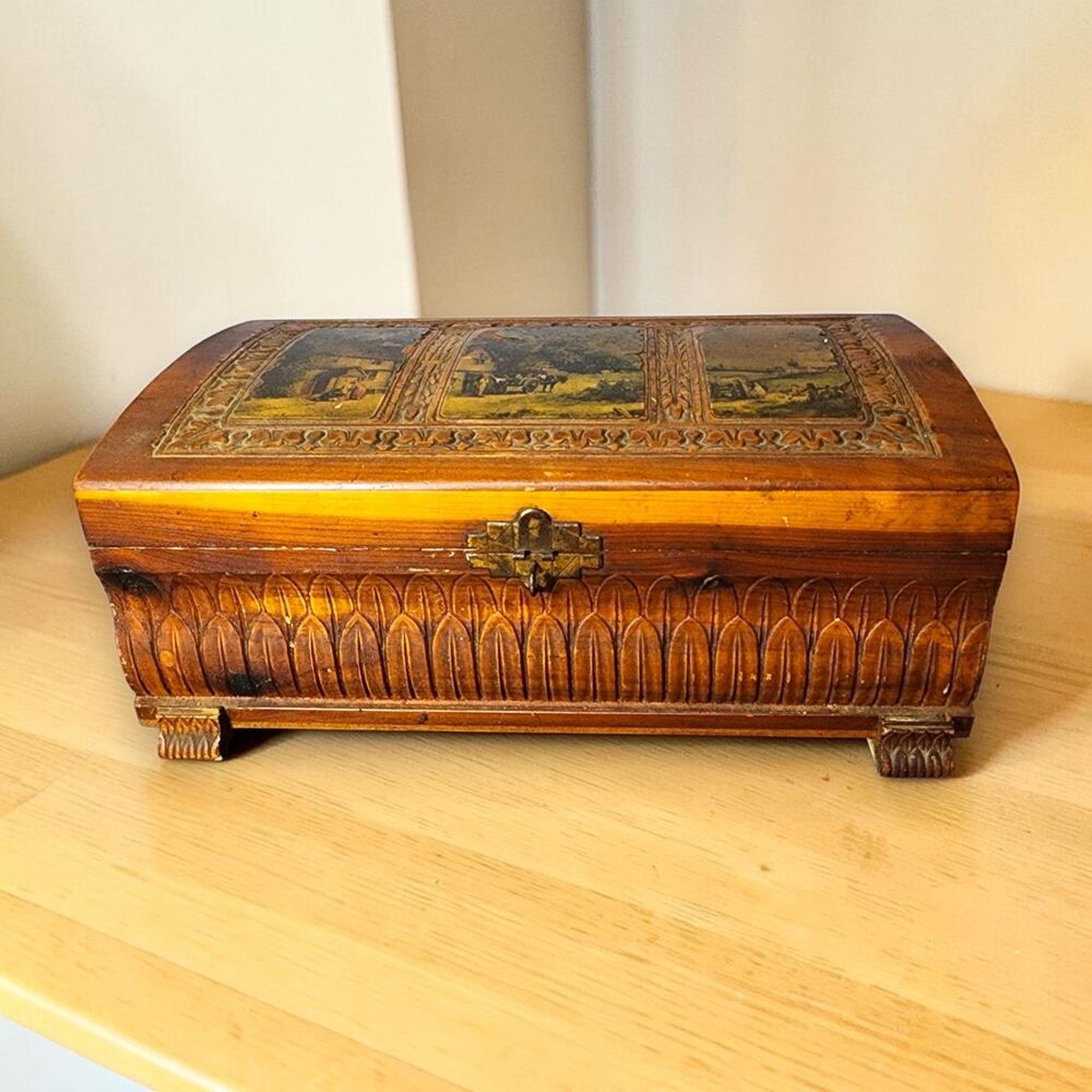 Vintage Carved Cedar Wood Jewelry Box Mirror Cottage Scene Footed Keepsake